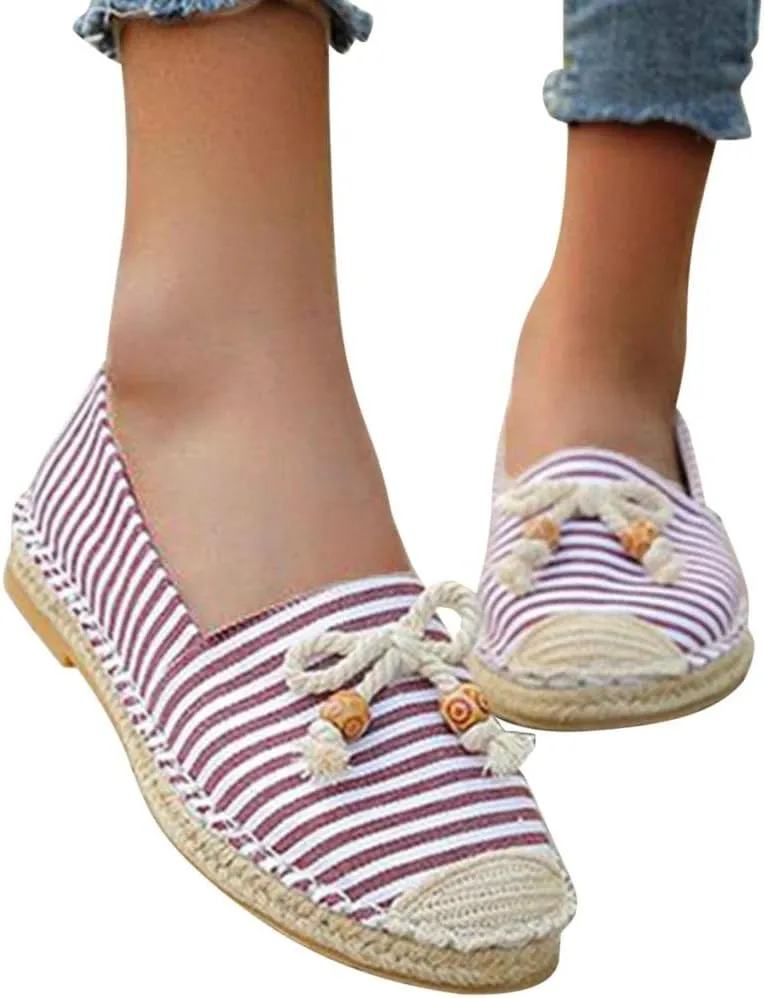 Hbeylia Espadrilles Fashion Sneakers For Women Girls Bowknot Design Striped Breathable Slip On Low Top Play Sneakers Canvas Shoes Casual Walking Shoes Loafers
