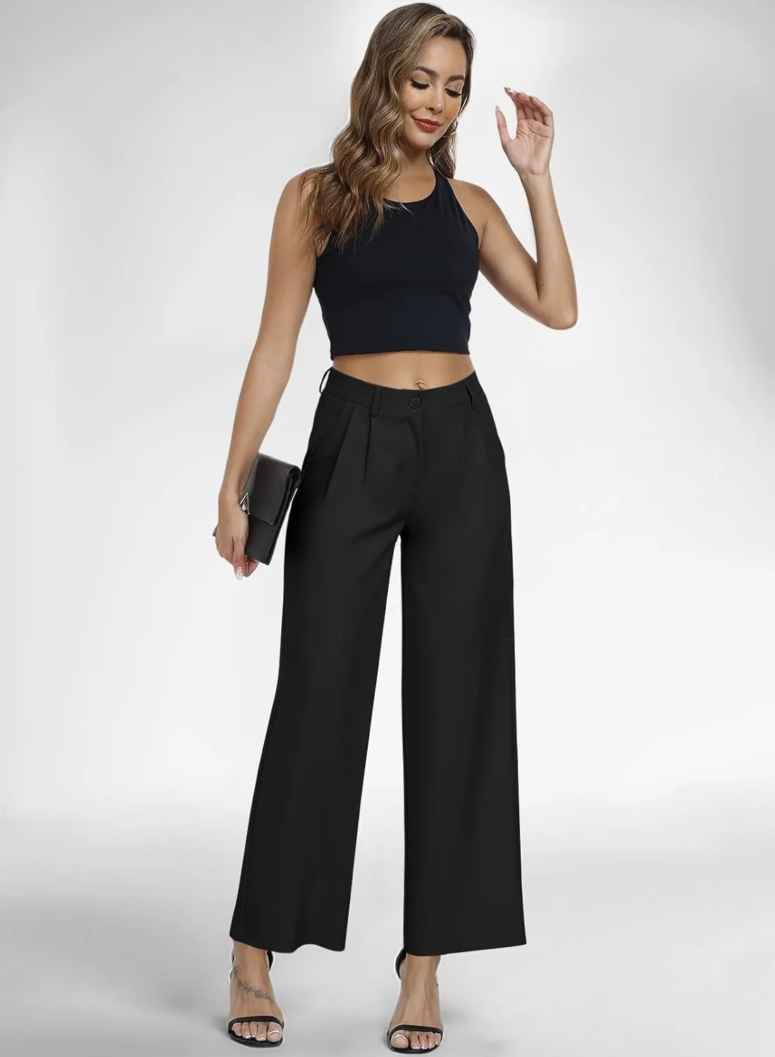 Hiverlay Womens Dress Pants Pleated Wide Leg Business Casual Trousers Dressy Palazzo Pants with Pockets