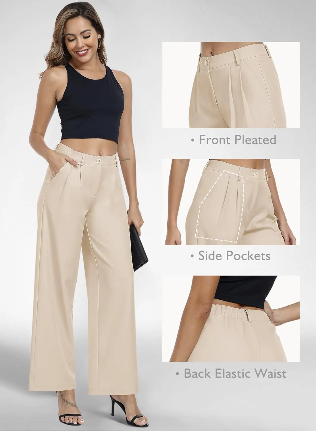 Hiverlay Womens Dress Pants Pleated Wide Leg Business Casual Trousers Dressy Palazzo Pants with Pockets