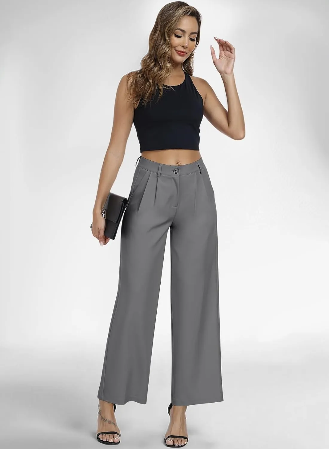 Hiverlay Womens Dress Pants Pleated Wide Leg Business Casual Trousers Dressy Palazzo Pants with Pockets