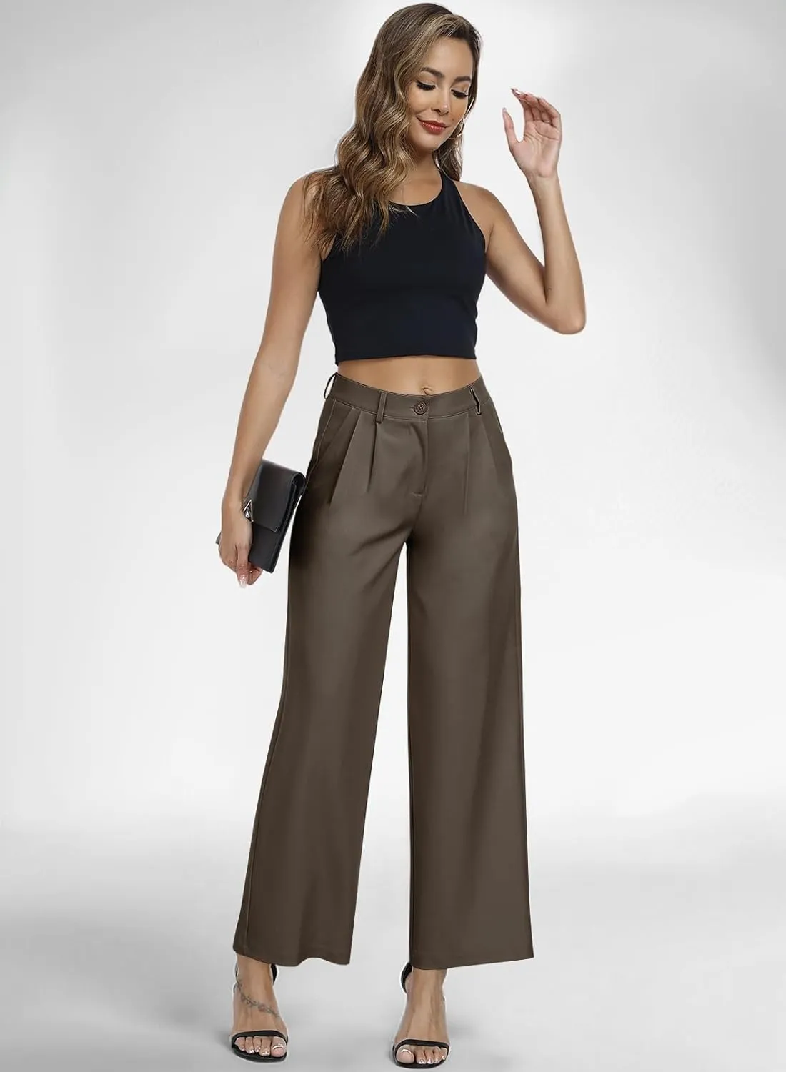 Hiverlay Womens Dress Pants Pleated Wide Leg Business Casual Trousers Dressy Palazzo Pants with Pockets