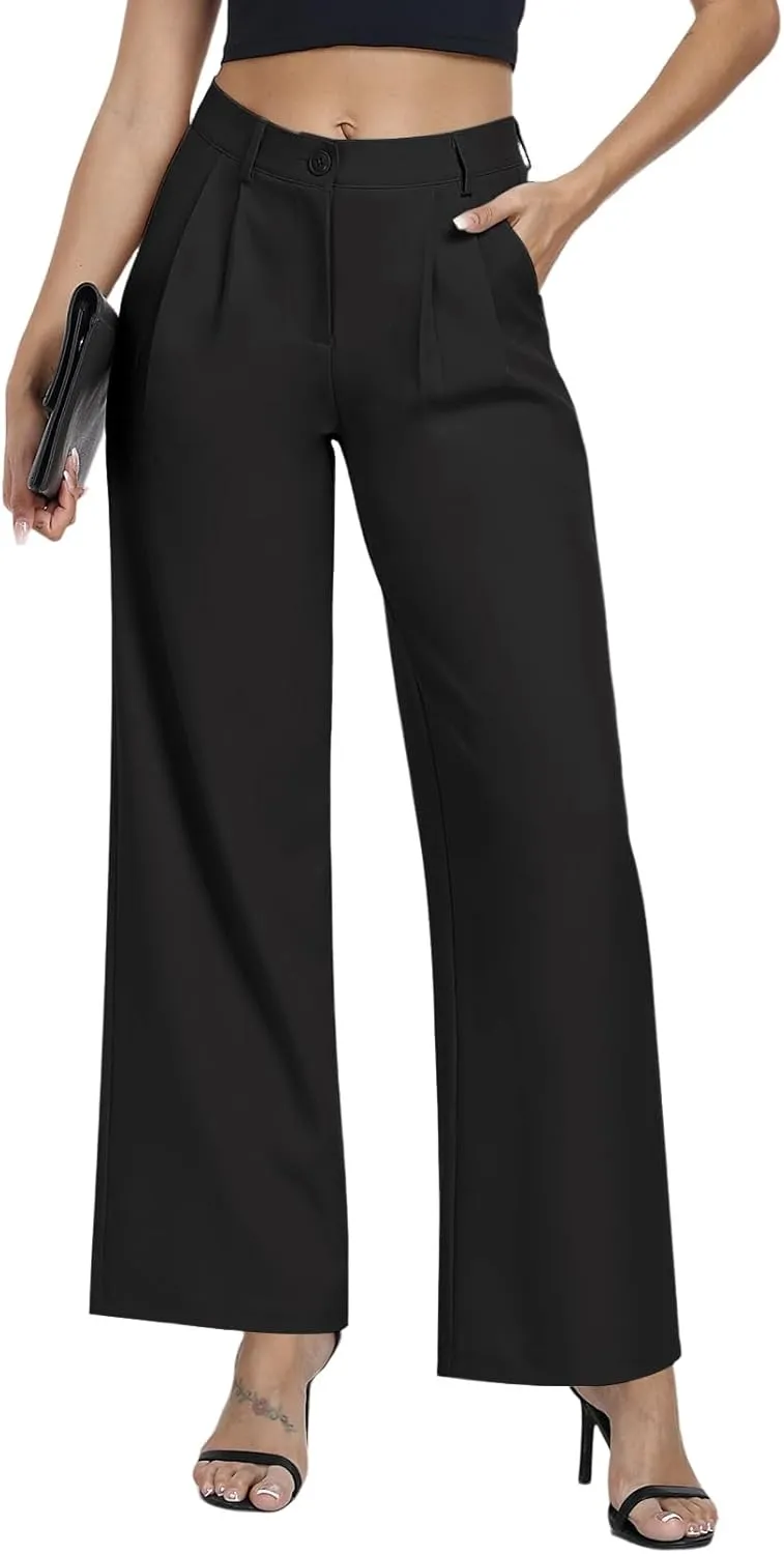 Hiverlay Womens Dress Pants Pleated Wide Leg Business Casual Trousers Dressy Palazzo Pants with Pockets