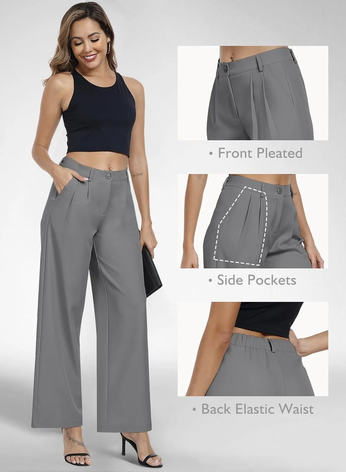 Hiverlay Womens Dress Pants Pleated Wide Leg Business Casual Trousers Dressy Palazzo Pants with Pockets