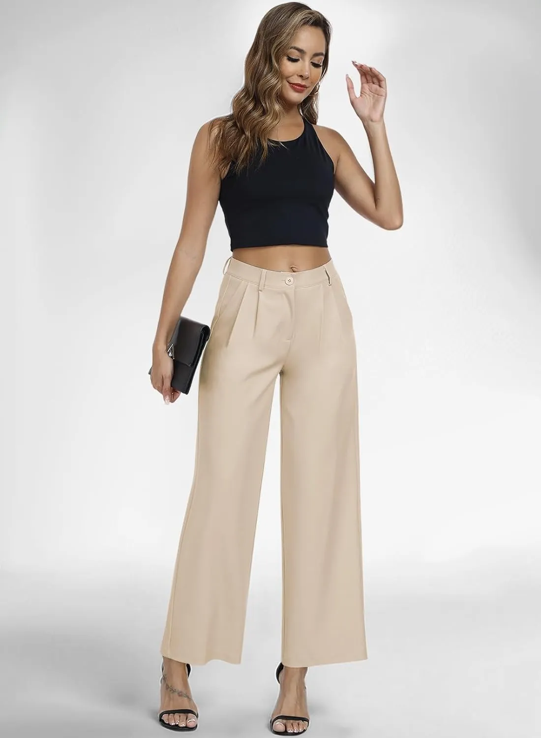 Hiverlay Womens Dress Pants Pleated Wide Leg Business Casual Trousers Dressy Palazzo Pants with Pockets