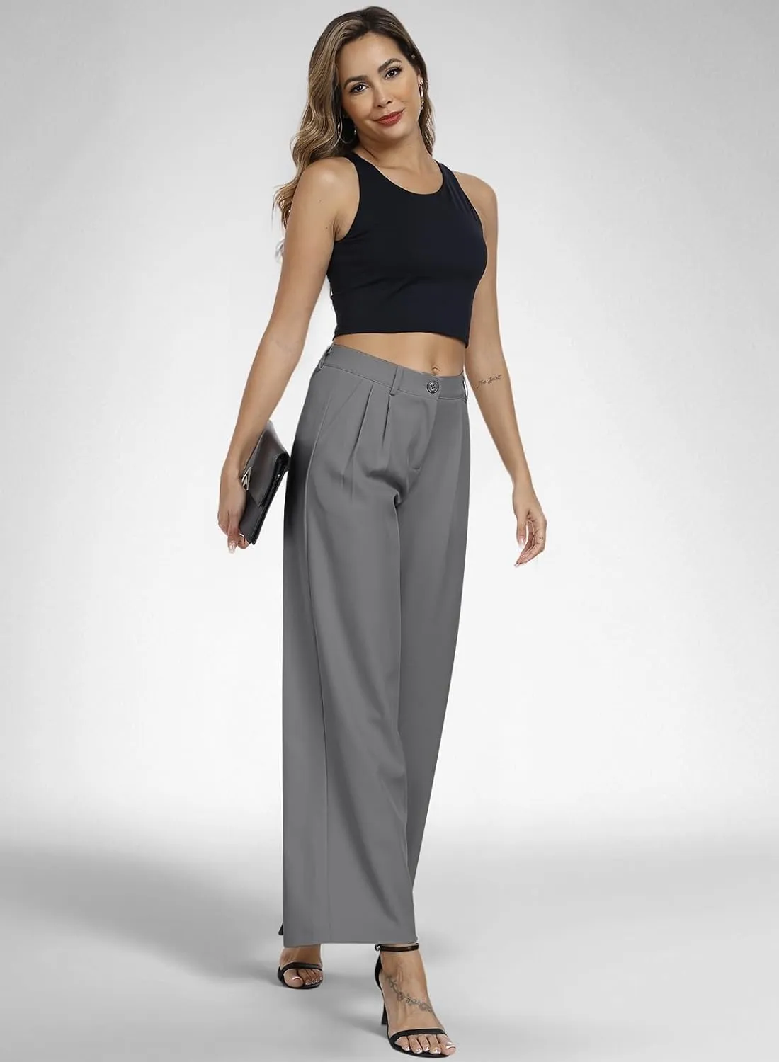 Hiverlay Womens Dress Pants Pleated Wide Leg Business Casual Trousers Dressy Palazzo Pants with Pockets