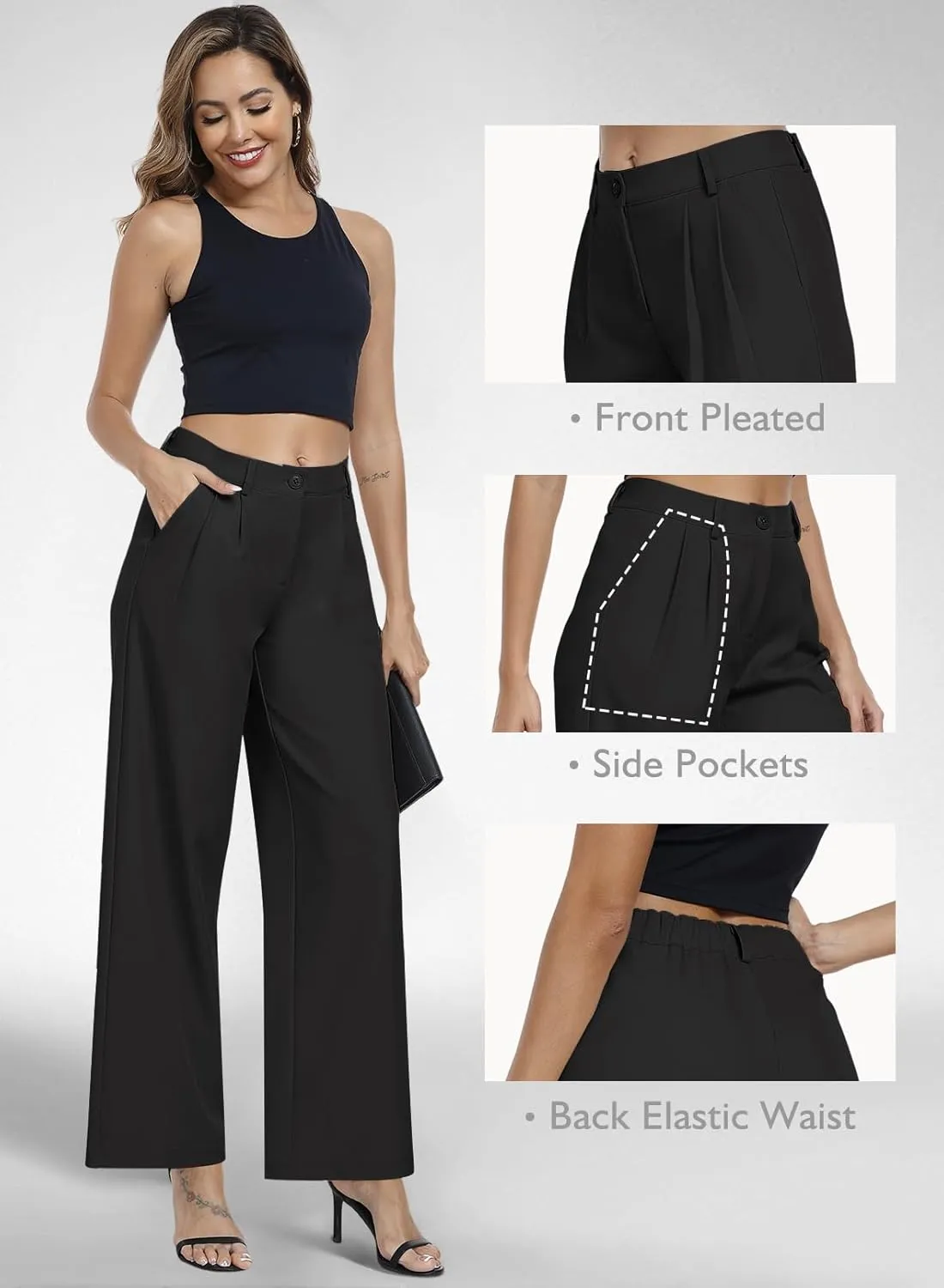 Hiverlay Womens Dress Pants Pleated Wide Leg Business Casual Trousers Dressy Palazzo Pants with Pockets