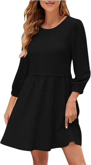 hlysgo Women's Casual Dresses Summer Loose Fit Vacation Mini Dress Trendy 3/4 Sleeve Crew Neck Beach Dress with Pockets