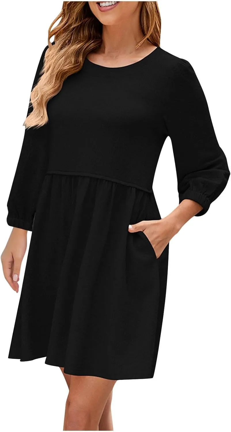 hlysgo Women's Casual Dresses Summer Loose Fit Vacation Mini Dress Trendy 3/4 Sleeve Crew Neck Beach Dress with Pockets