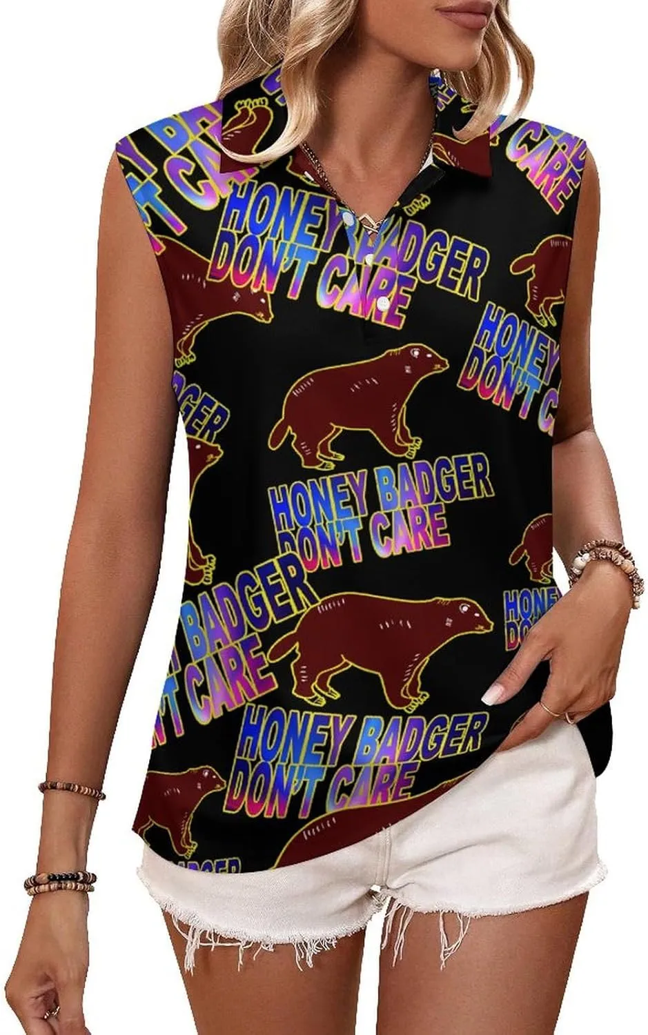 Honey-Badger Don T Care Women's Sleeveless Golf Polo Shirts Athletic Tank Tops