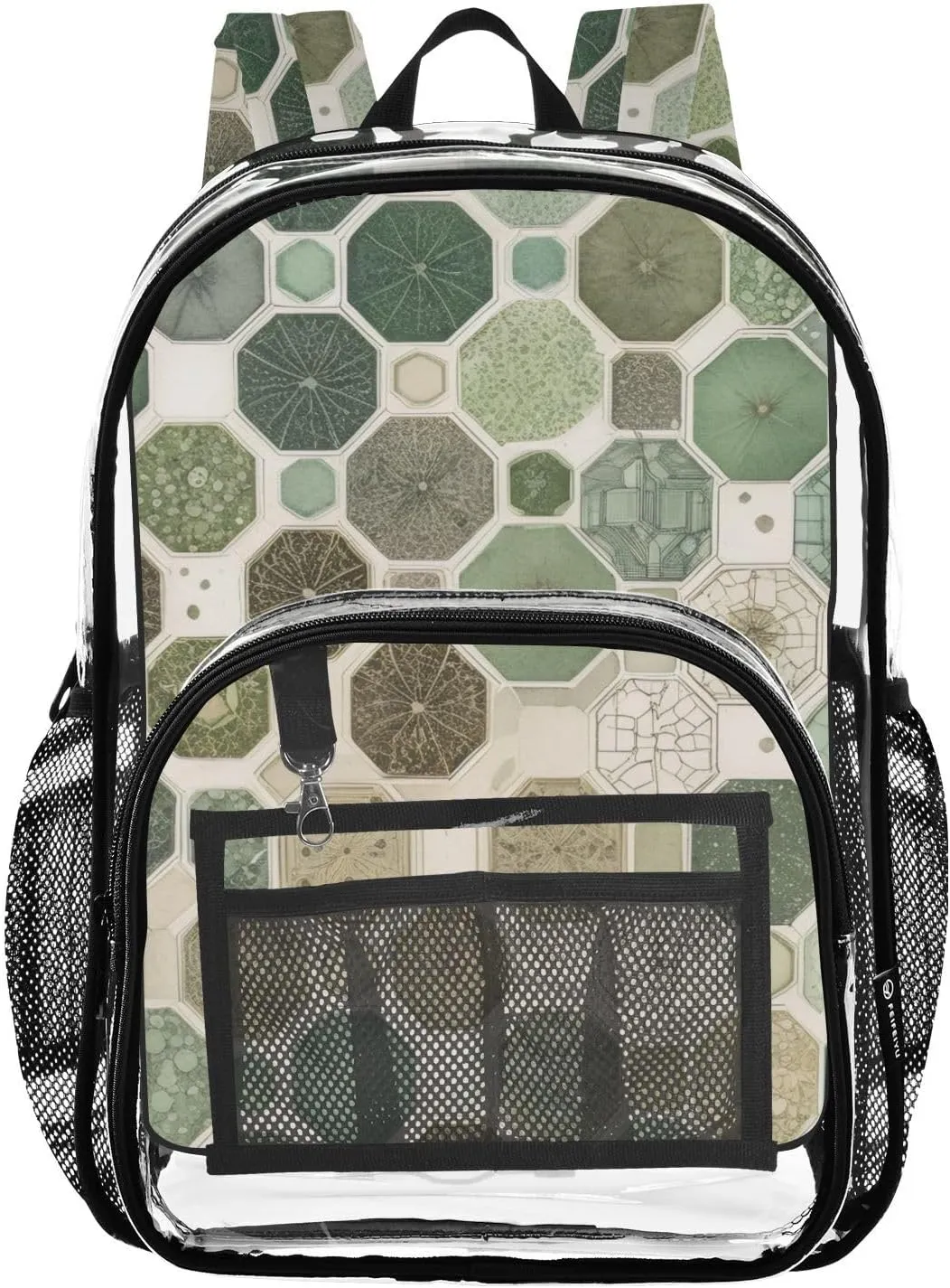 Honeycomb Pattern Plants Green Clear Backpack with Back Print, Heavy Duty See Through Backpacks PVC Transparent Daypack for Travel Security