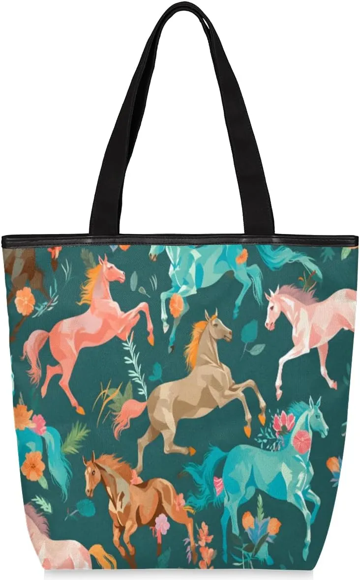 Horse Canvas Tote Bag for Women Large Tote Bag with Zipper & Pockets Canvas Beach Bag Shoulder Bag Reusable Shopping Bags Cute Tote Bags for Work Travel