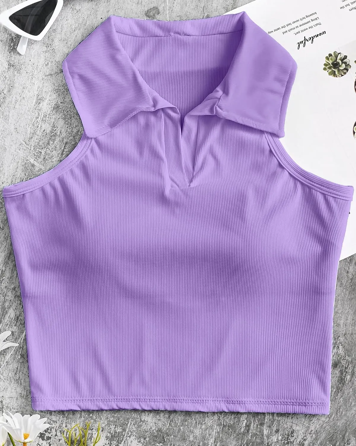 HyMeYou Women Workout Crop Top Built in Bra Ribbed Athletic Tank Tops Casual Sleeveless Collar Shirts Padded Sports Yoga Vest