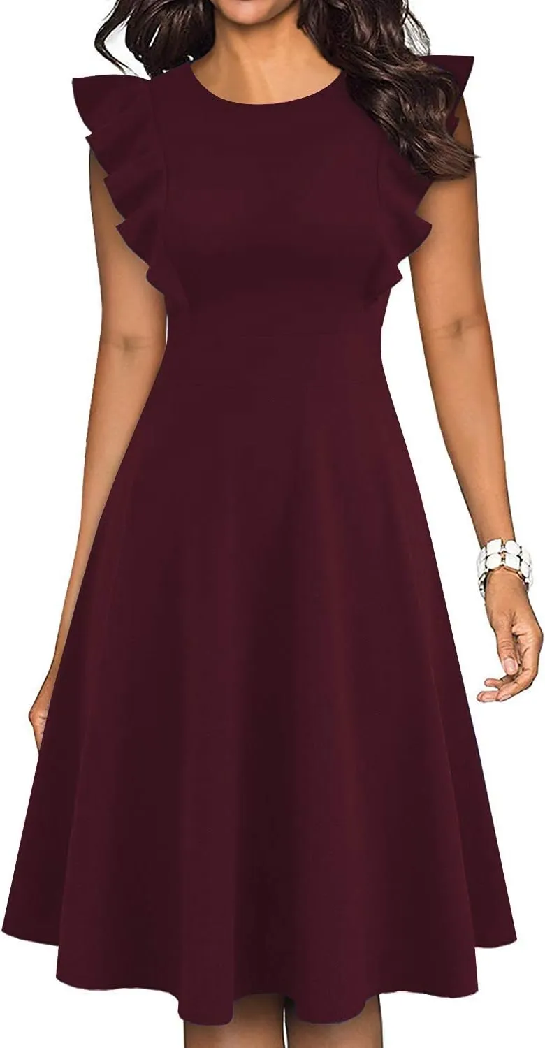 IHOT Women's Vintage Ruffle Floral Flared A Line Swing Casual Cocktail Party Dresses with Pockets