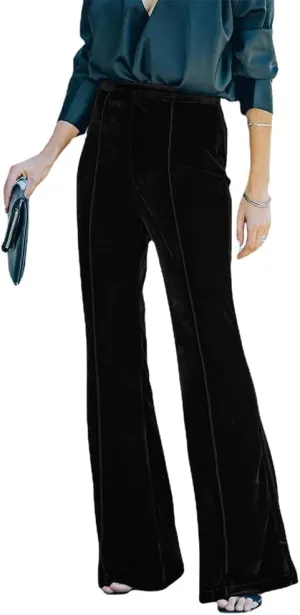 IKADEX Women Velvet Flare Pants High Waist Wide Leg Palazzo Bell Bottom Trousers Casual Dress Work Pants