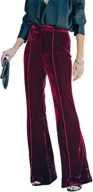 IKADEX Women Velvet Flare Pants High Waist Wide Leg Palazzo Bell Bottom Trousers Casual Dress Work Pants