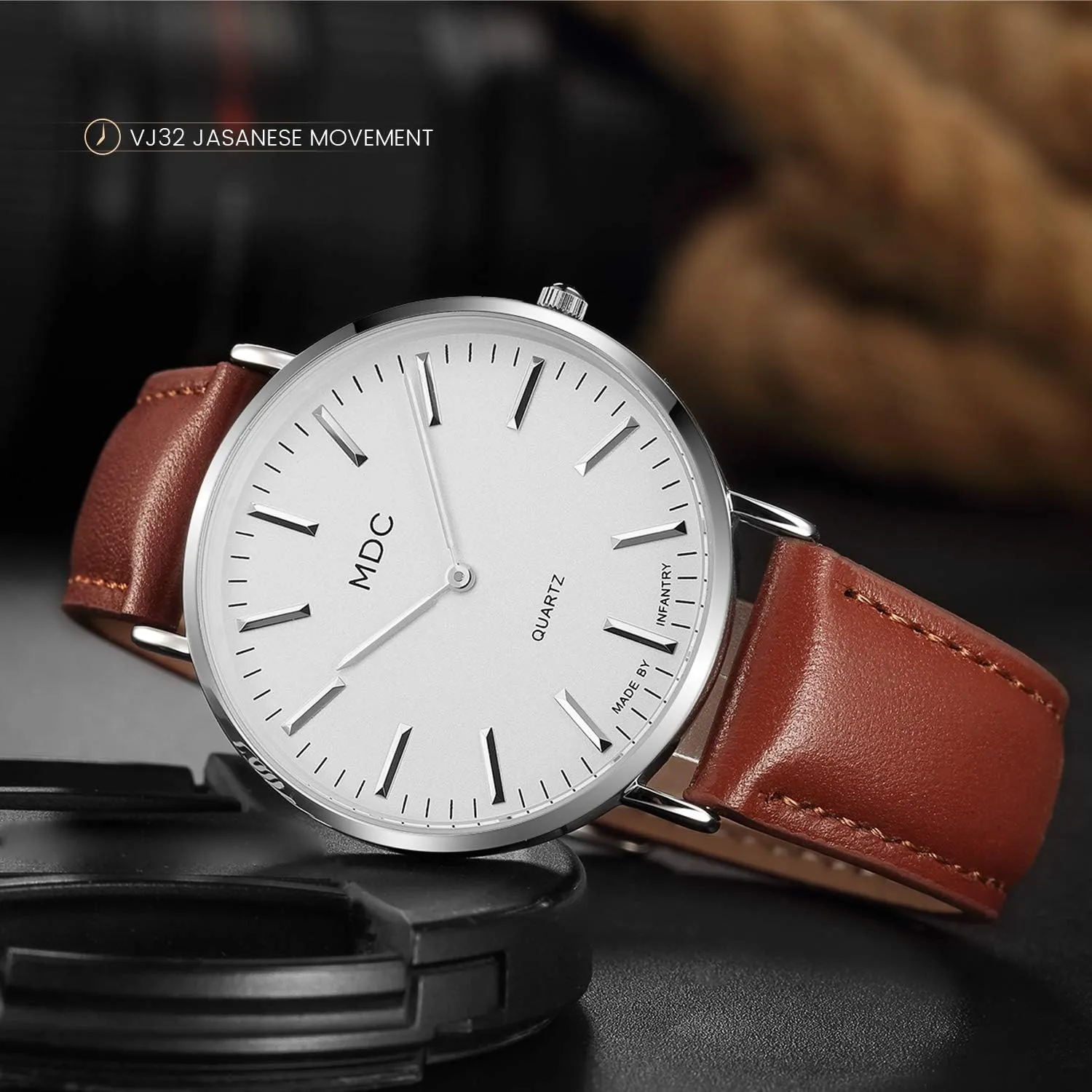 Infantry MDC Mens Minimalist Wrist Watch, Genuine Leather Watches for Men, Ultra Thin Quartz Analog Wristwatch, Dress Casual Business Style
