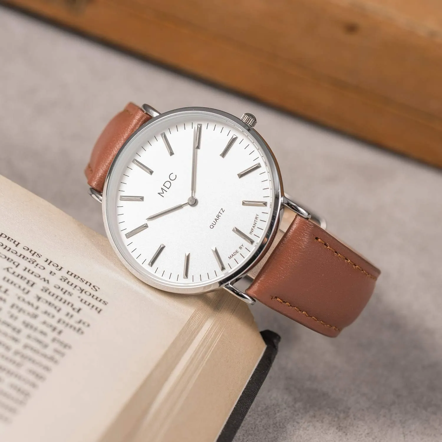 Infantry MDC Mens Minimalist Wrist Watch, Genuine Leather Watches for Men, Ultra Thin Quartz Analog Wristwatch, Dress Casual Business Style
