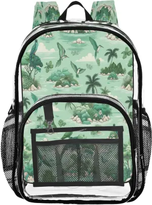 Island Tropical Birds Green Clear Backpack with Back Print, Heavy Duty See Through Backpacks PVC Transparent Daypack for Travel Security