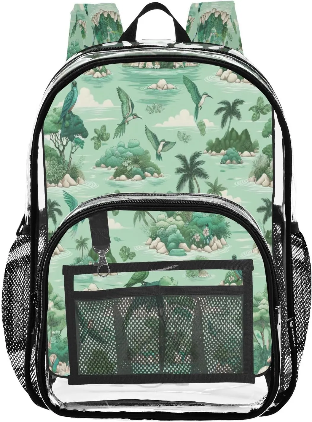 Island Tropical Birds Green Clear Backpack with Back Print, Heavy Duty See Through Backpacks PVC Transparent Daypack for Travel Security