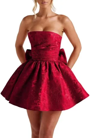 Jacquard Satin Homecoming Dresses Cocktail Pary Dresses with Bow