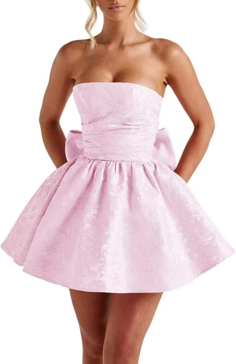 Jacquard Satin Homecoming Dresses Cocktail Pary Dresses with Bow