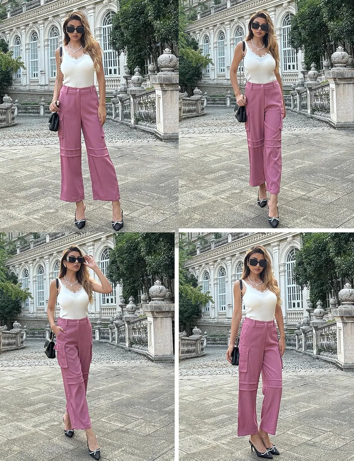 JASAMBAC Women High Waisted Cargo Pants Wide Leg Baggy Casual Pant 2024 Fall Streetwear Outfits with 4 Pockets