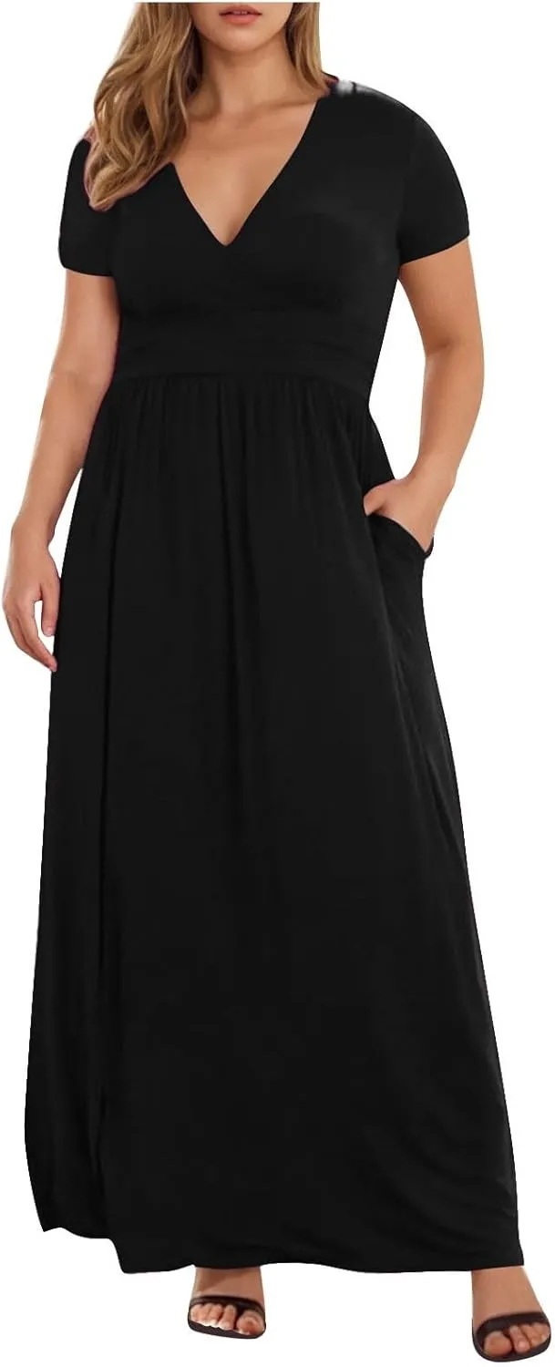 JOAU Women's Plus Size Summer Short Sleeve Maxi Dress 2025 Casual Wrap V Neck A Line Flowy Beach Long Dresses with Pockets