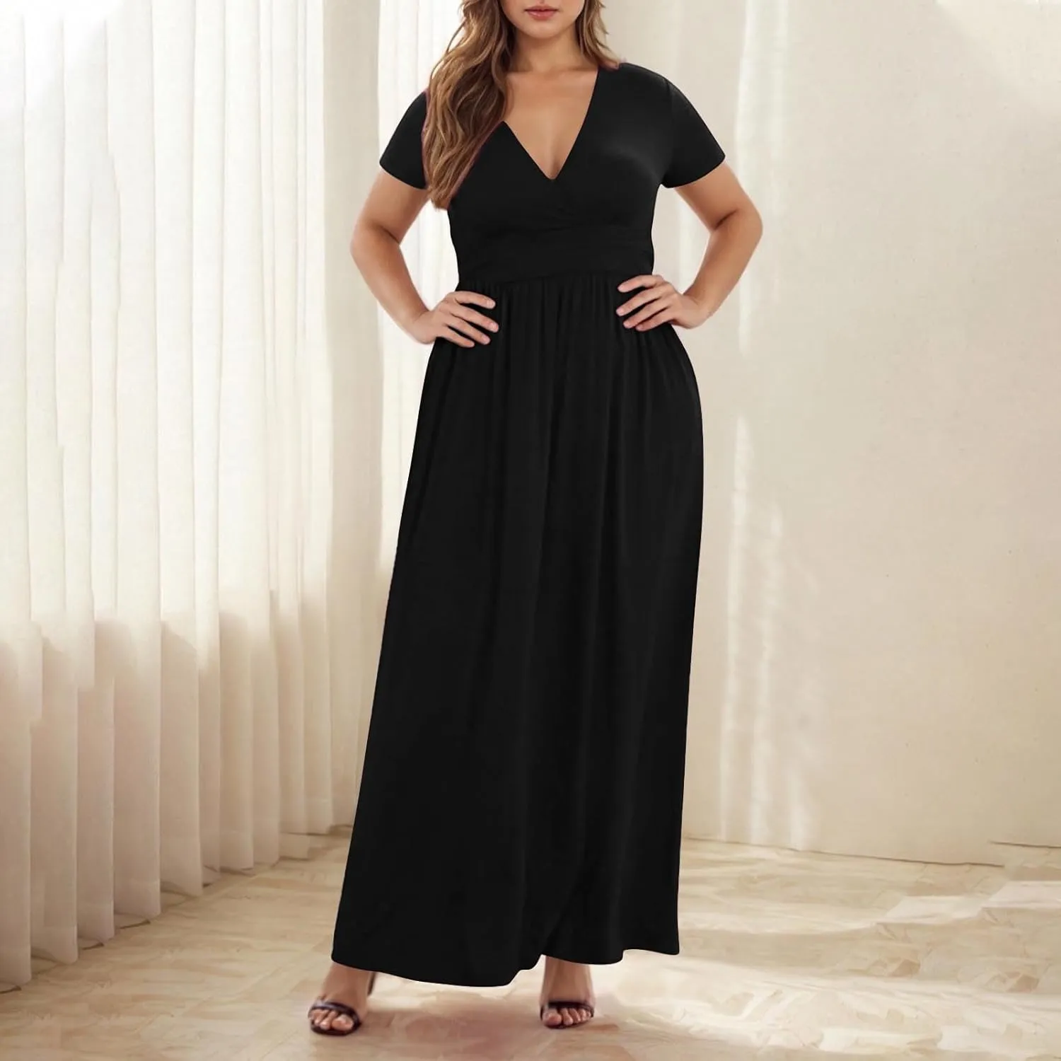 JOAU Women's Plus Size Summer Short Sleeve Maxi Dress 2025 Casual Wrap V Neck A Line Flowy Beach Long Dresses with Pockets