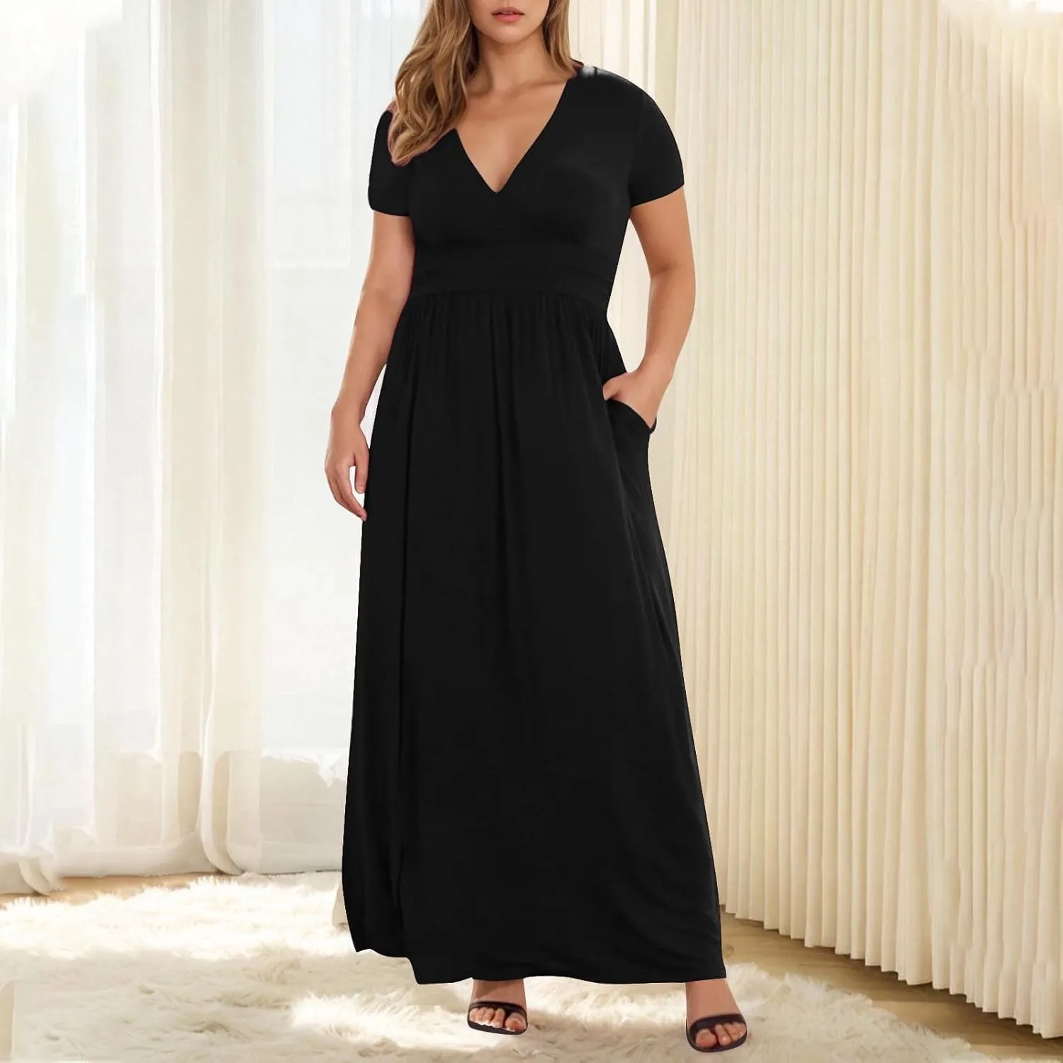 JOAU Women's Plus Size Summer Short Sleeve Maxi Dress 2025 Casual Wrap V Neck A Line Flowy Beach Long Dresses with Pockets