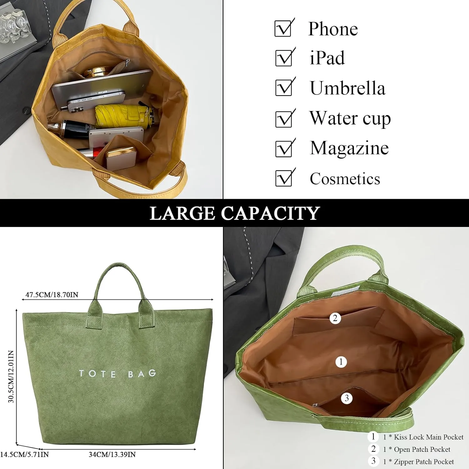 JQAliMOVV Extra Large Tote Bags for Women with Handles Dupont Paper Letters Print Handbag Oversized Tote Bag for Work