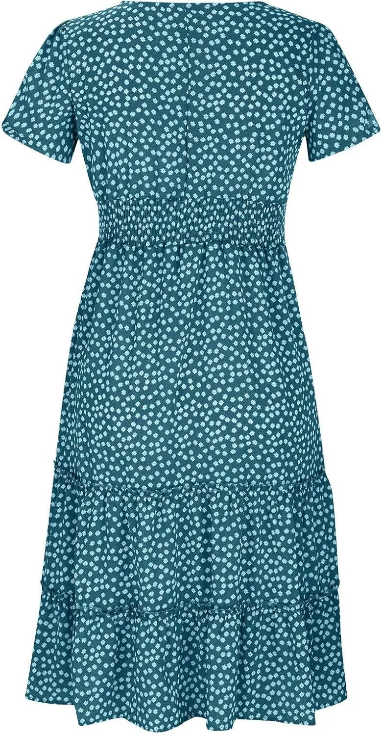 jsaierl Women's Boho Floral Dress Summer Casual Square Neck A Line Swing Dress 2025 Fashion Flowy Beach Sundress Ruffle Dress