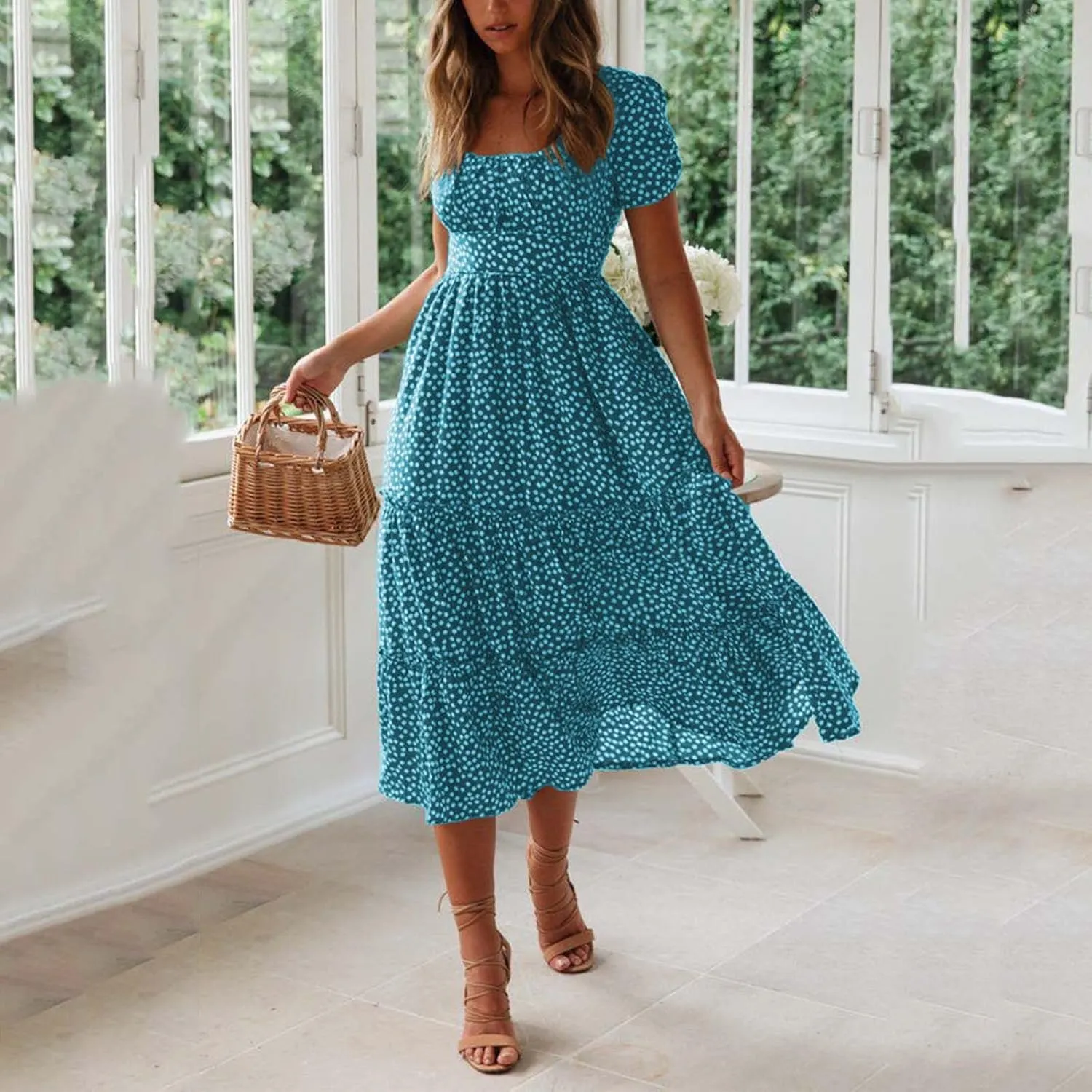 jsaierl Women's Boho Floral Dress Summer Casual Square Neck A Line Swing Dress 2025 Fashion Flowy Beach Sundress Ruffle Dress