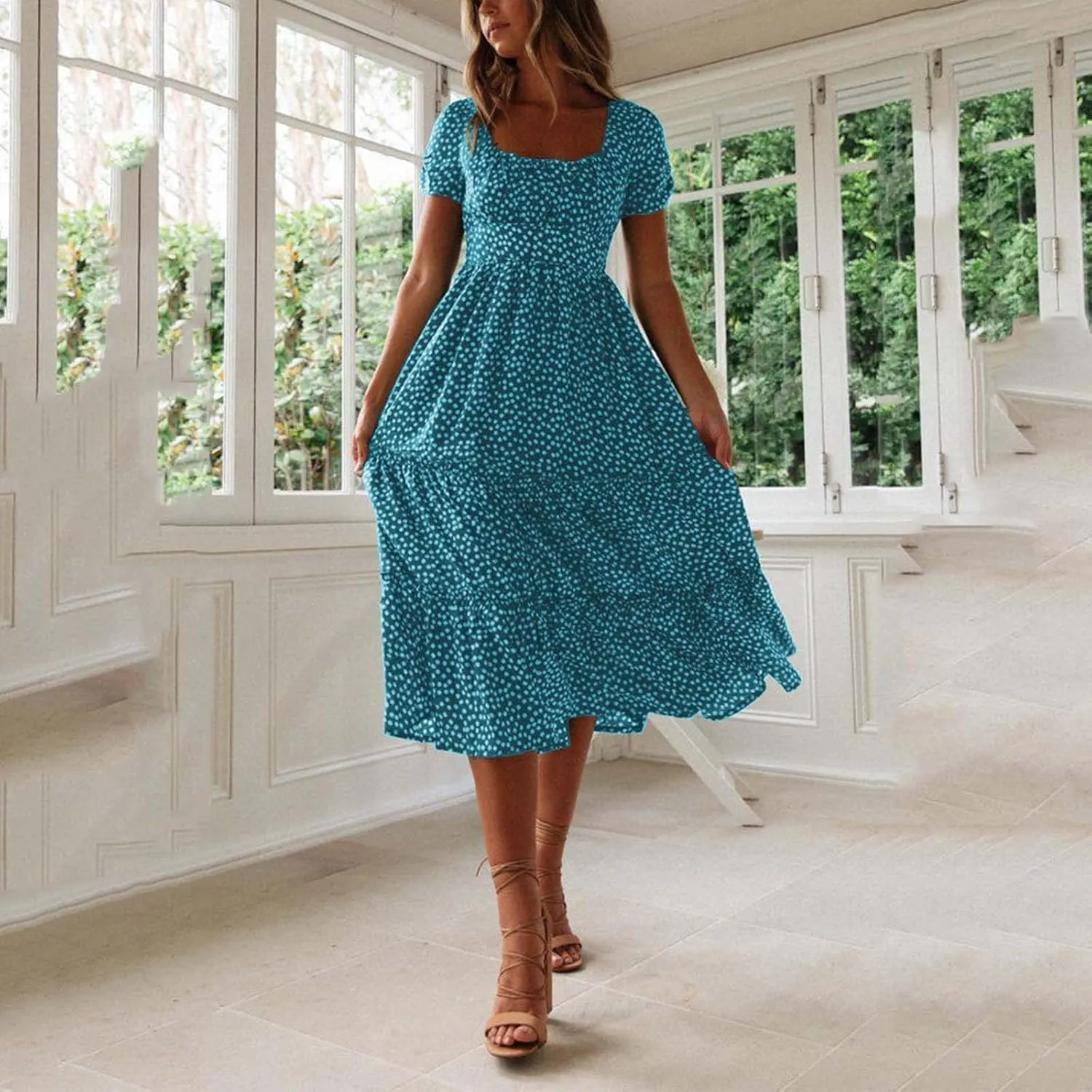 jsaierl Women's Boho Floral Dress Summer Casual Square Neck A Line Swing Dress 2025 Fashion Flowy Beach Sundress Ruffle Dress