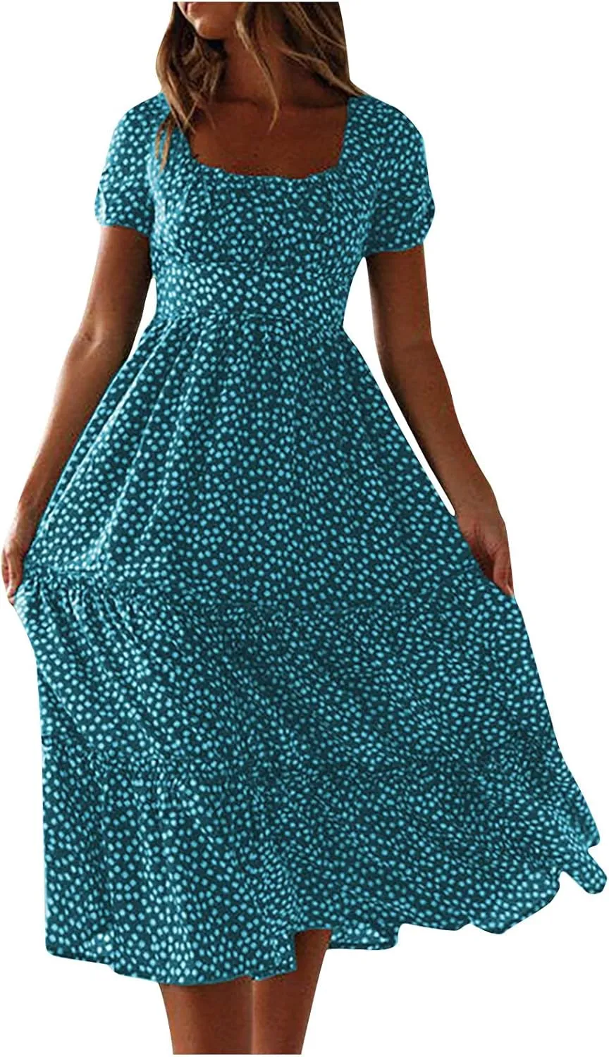 jsaierl Women's Boho Floral Dress Summer Casual Square Neck A Line Swing Dress 2025 Fashion Flowy Beach Sundress Ruffle Dress