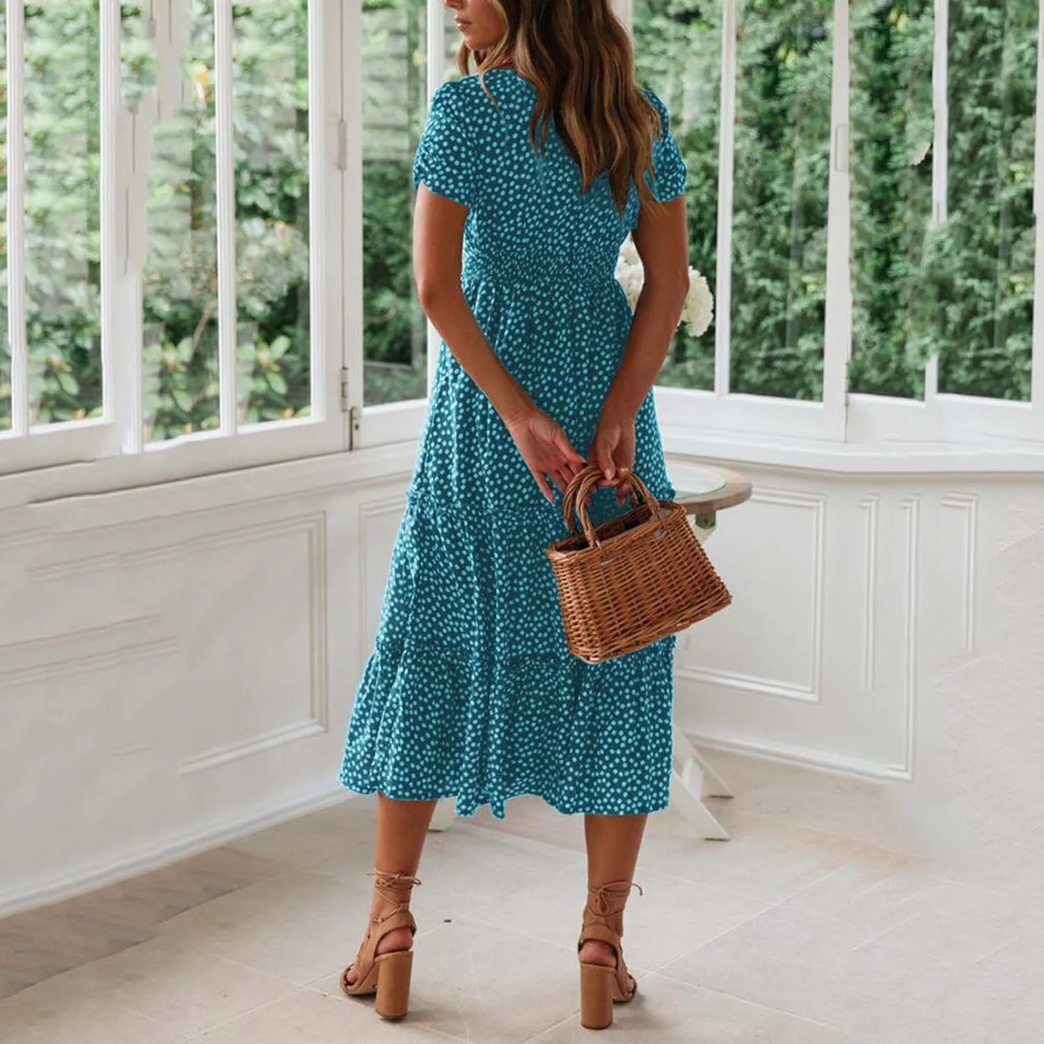 jsaierl Women's Boho Floral Dress Summer Casual Square Neck A Line Swing Dress 2025 Fashion Flowy Beach Sundress Ruffle Dress