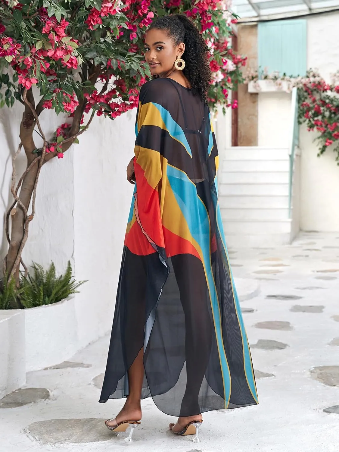 Kaftan Dresses for Women Wave Neck Swimsuit Cover Up Caftan Dress Plus Size Oversized Long Beach Dress