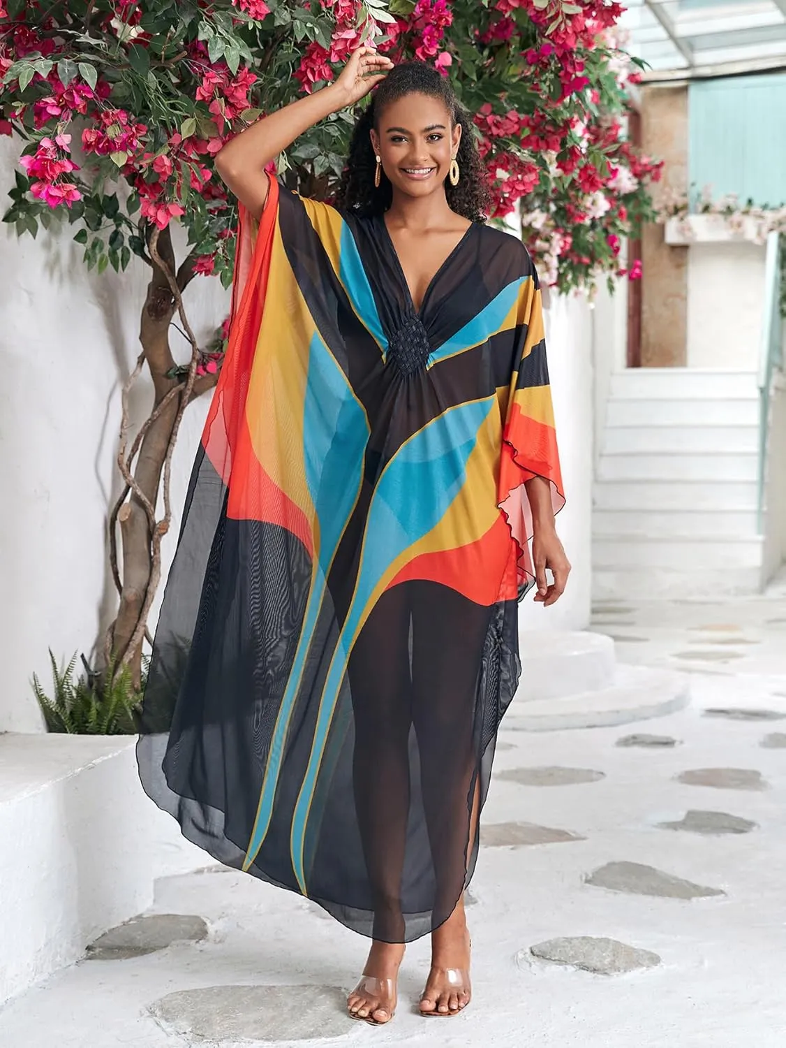 Kaftan Dresses for Women Wave Neck Swimsuit Cover Up Caftan Dress Plus Size Oversized Long Beach Dress
