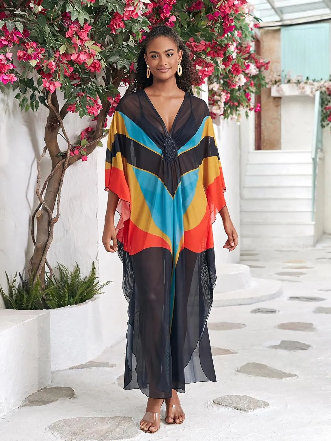 Kaftan Dresses for Women Wave Neck Swimsuit Cover Up Caftan Dress Plus Size Oversized Long Beach Dress