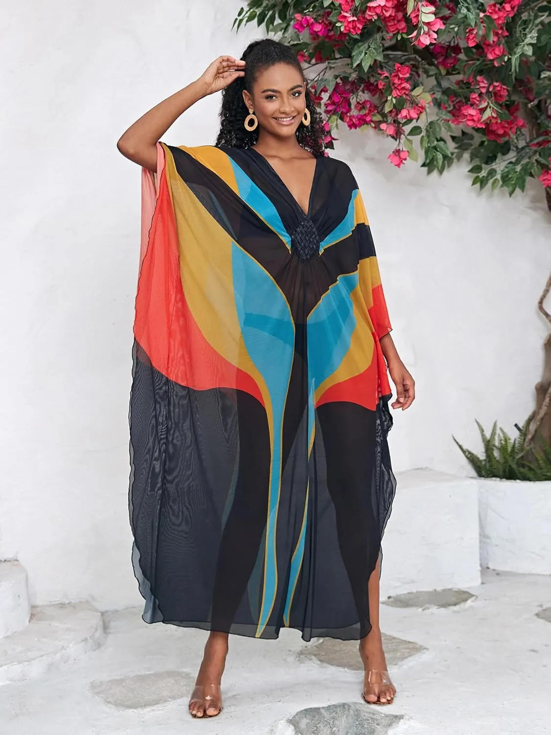 Kaftan Dresses for Women Wave Neck Swimsuit Cover Up Caftan Dress Plus Size Oversized Long Beach Dress