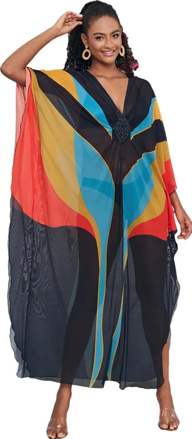 Kaftan Dresses for Women Wave Neck Swimsuit Cover Up Caftan Dress Plus Size Oversized Long Beach Dress