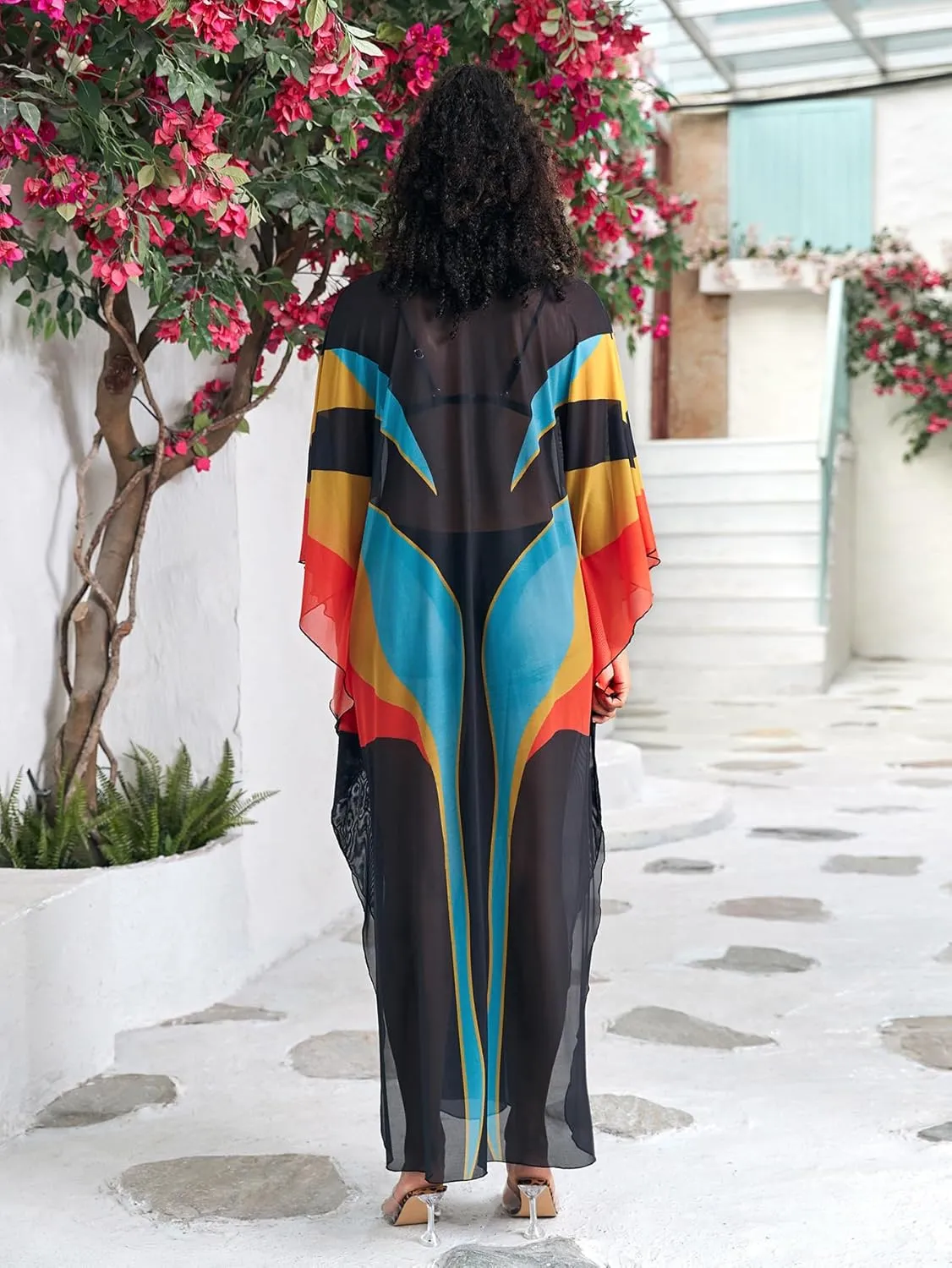 Kaftan Dresses for Women Wave Neck Swimsuit Cover Up Caftan Dress Plus Size Oversized Long Beach Dress