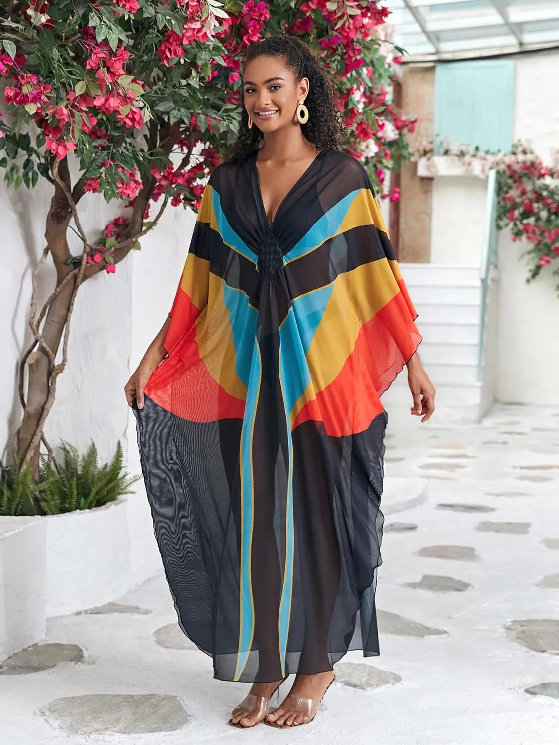 Kaftan Dresses for Women Wave Neck Swimsuit Cover Up Caftan Dress Plus Size Oversized Long Beach Dress