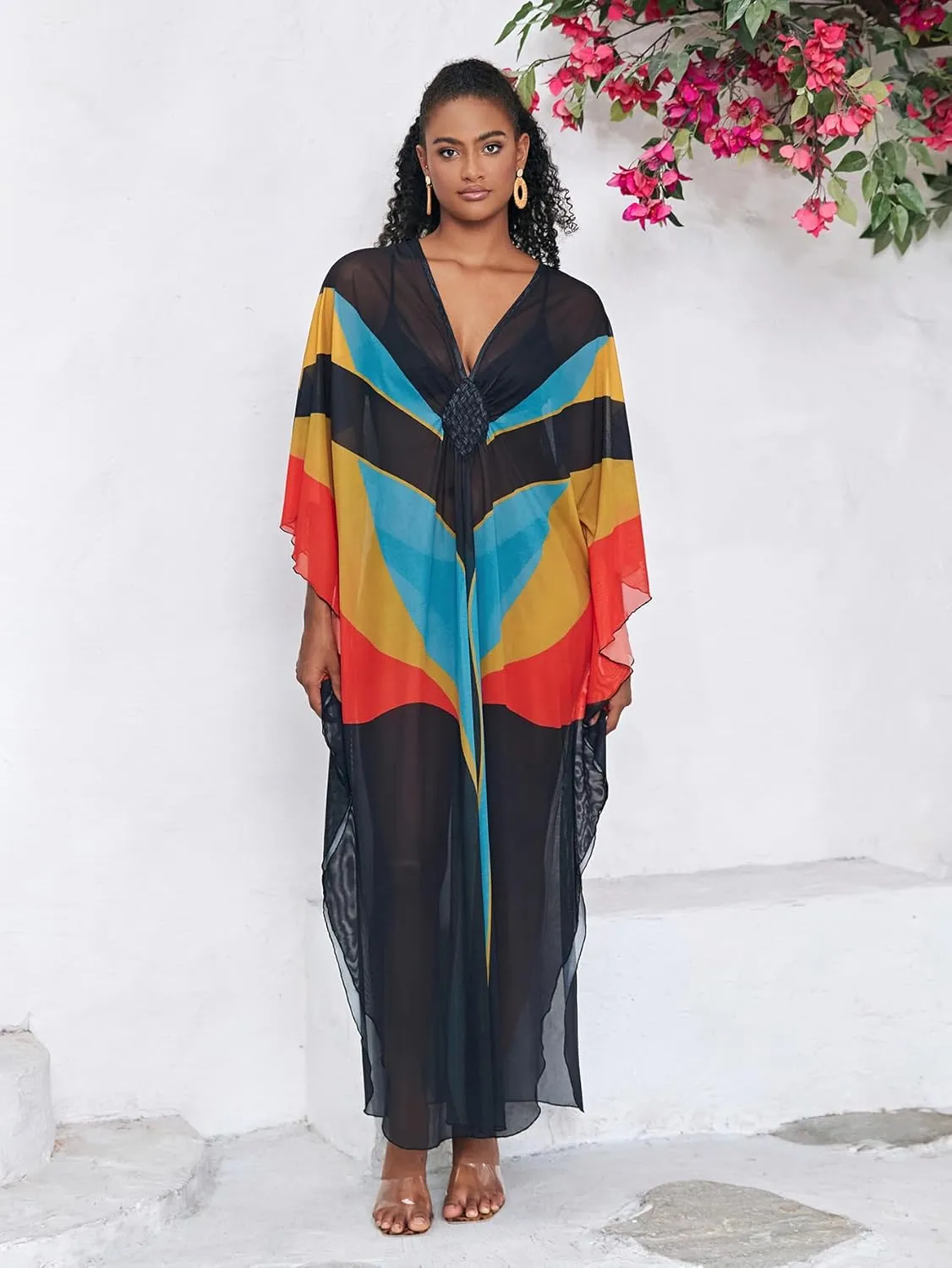 Kaftan Dresses for Women Wave Neck Swimsuit Cover Up Caftan Dress Plus Size Oversized Long Beach Dress