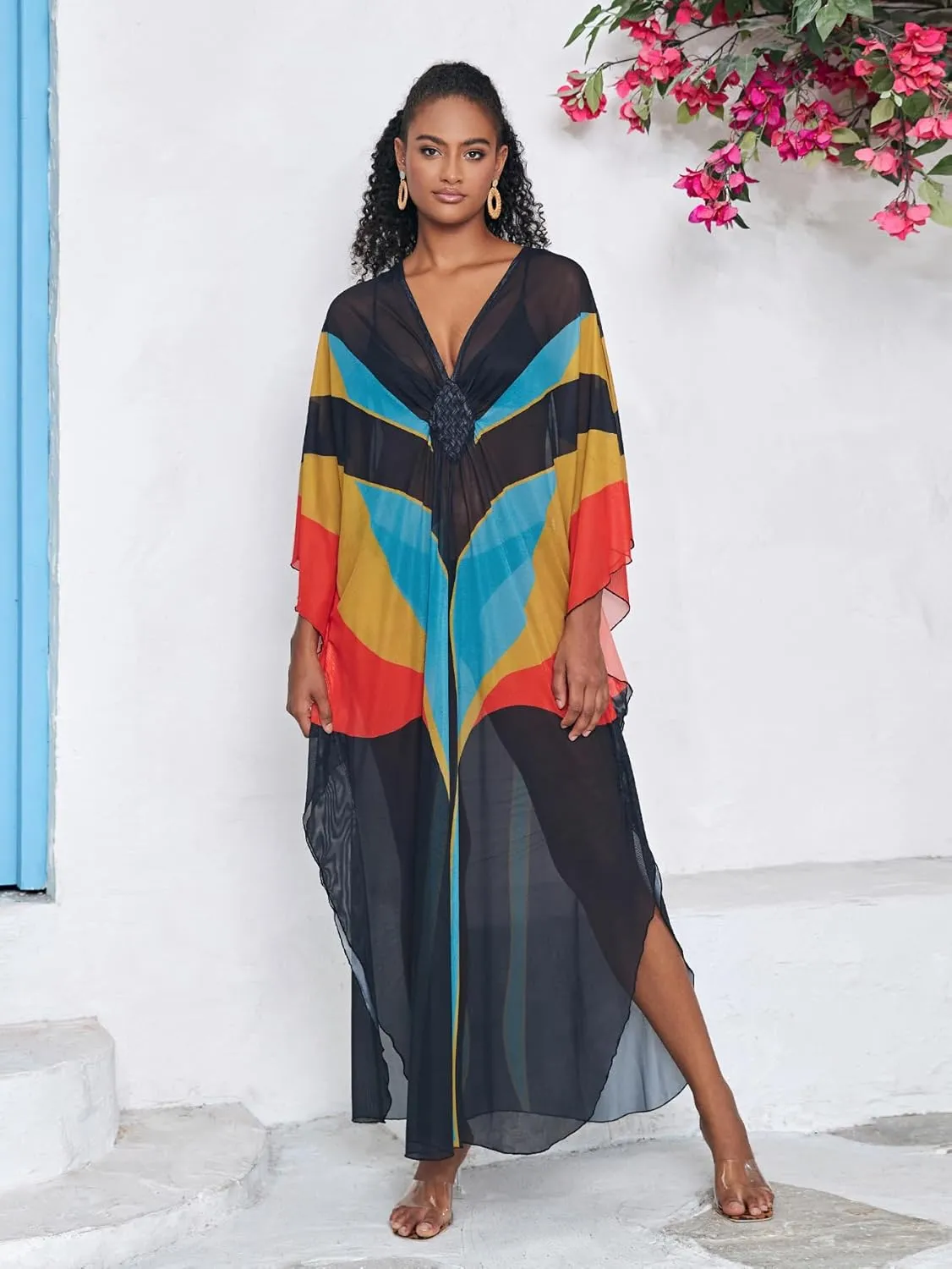 Kaftan Dresses for Women Wave Neck Swimsuit Cover Up Caftan Dress Plus Size Oversized Long Beach Dress