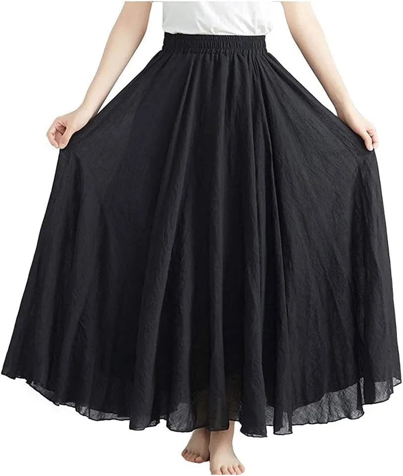 Kedera Women's Bohemian Style Elastic Waist Band Flowy Full Circle Cotton Linen Long Maxi Skirt Dress