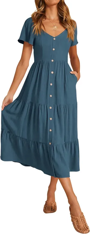 KIRUNDO Women 2025 Spring Summer Casual Linen Short Sleeve Midi Dress Button V Neck Tiered Vacation Sundress with Pockets