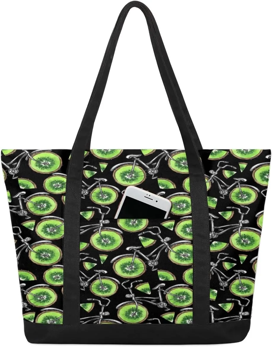 Kiwi Bike Tote Bag for Women Work Canvas Travel Tote Bags with Zipper Large Capacity Casual Handbag with Inner Pockets Reusable Shopping Shoulder Bag for Teacher Nurse
