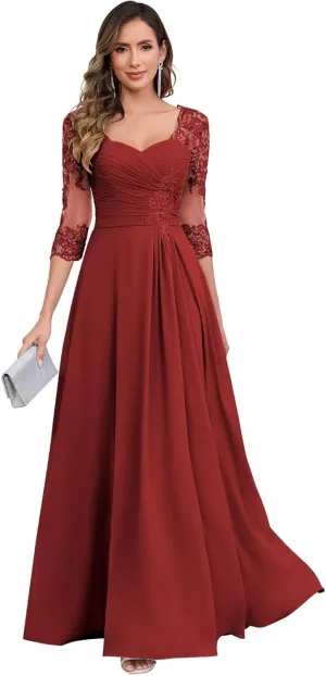 Lace Chiffon Mother of The Bride Dresses for Women Long A Line Pleated Formal Evening Dress with Sleeves