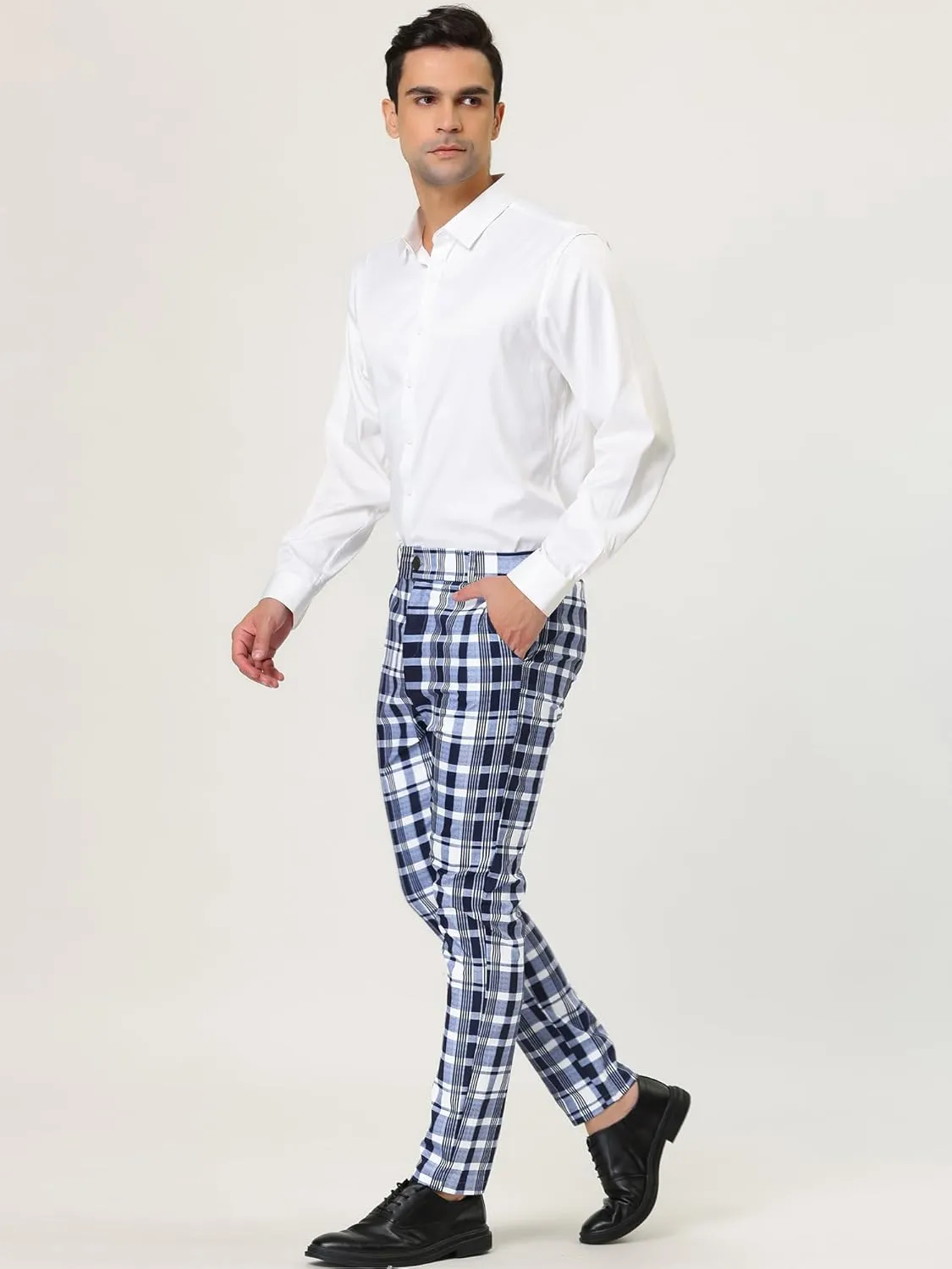 Lars Amadeus Men's Formal Trousers Color Block Slim Fit Flat Front Plaid Dress Pants