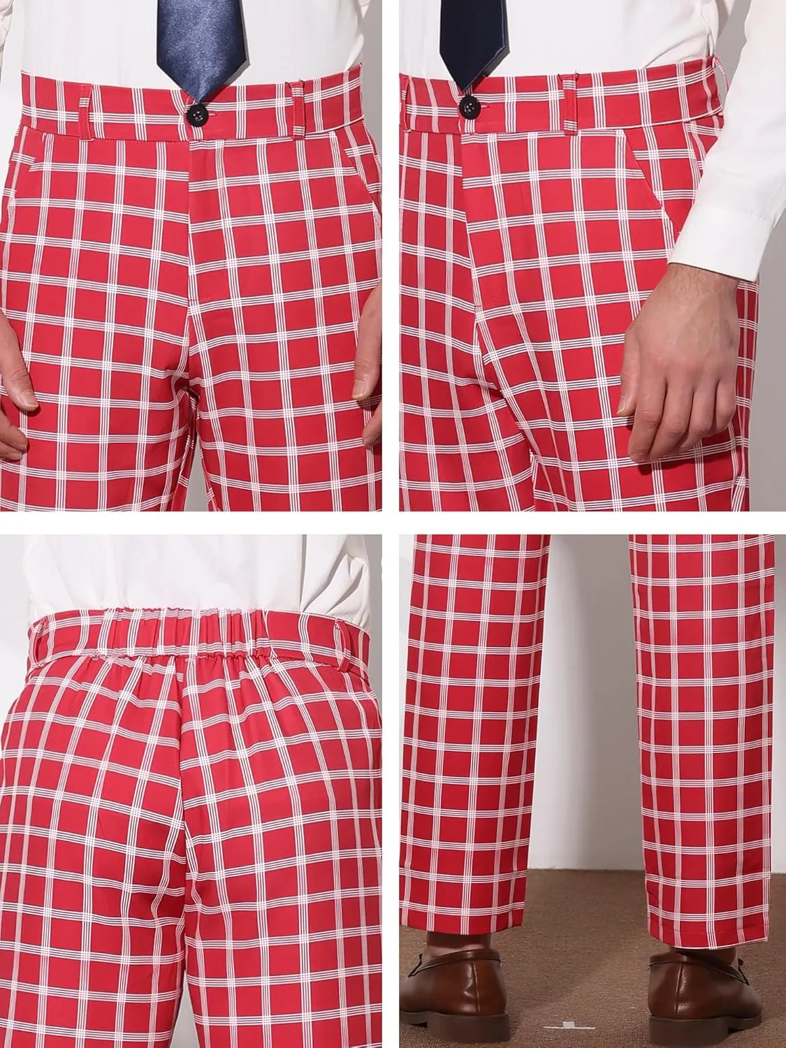 Lars Amadeus Men's Formal Trousers Color Block Slim Fit Flat Front Plaid Dress Pants